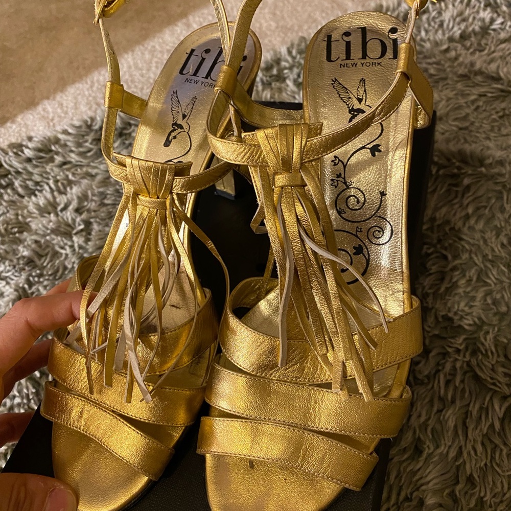 Tibi Gold Tassel Sandals